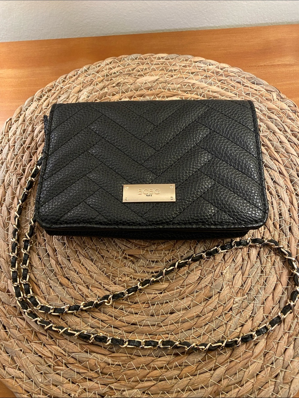 BCBG Paris Black Leather Quilted Chevron Crossbody Bag with Gold/ Leather Chain